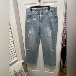 Casual Light Blue Distressed Wide Leg Jeans